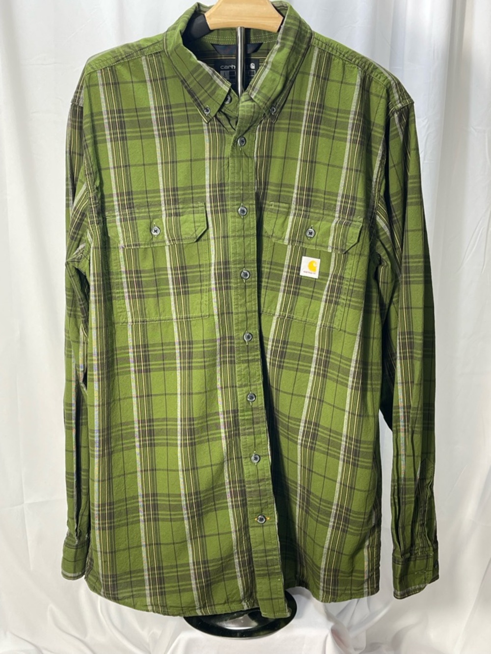 Carhartt Dark Green Plaid Work Button-Up Long Sleeve Shirt, Loose Fit Large Tall